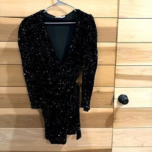 Lush Black Sequin Wrap Dress